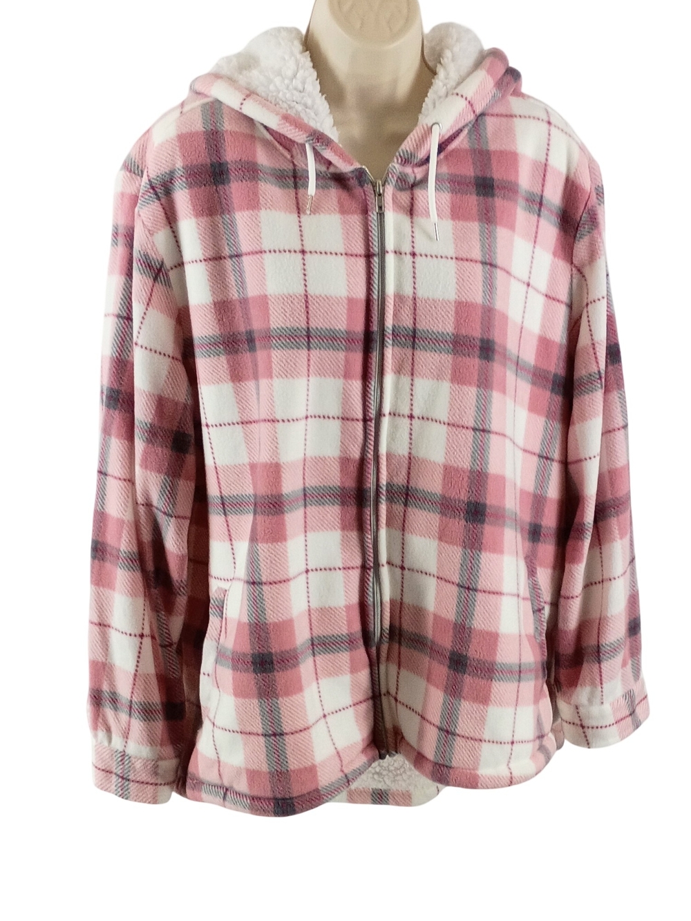 Plaid Sherpa Hoodie Jacket - Pink & White